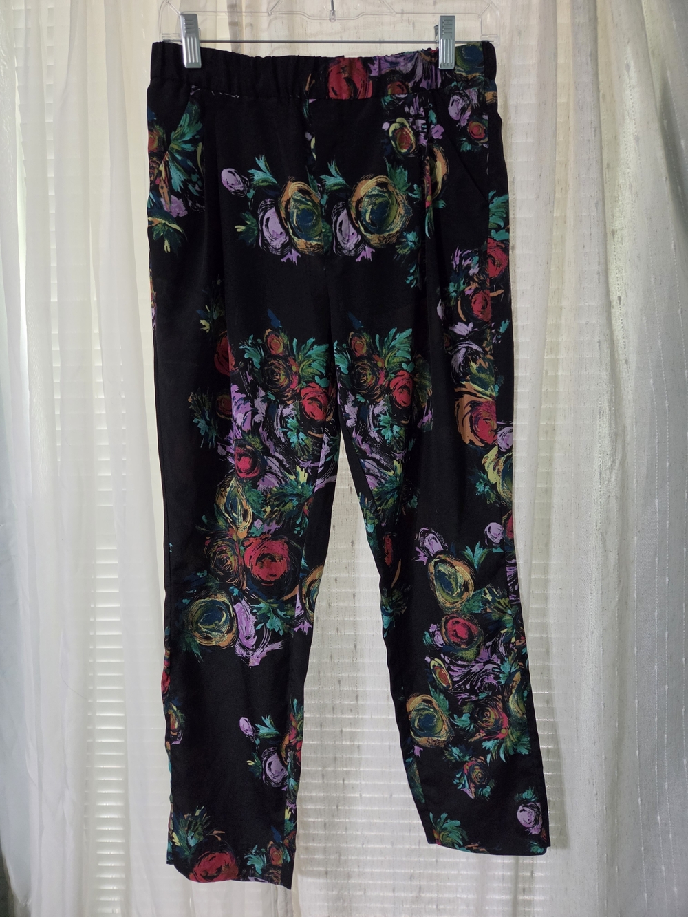 Allen B. Black Floral Print Elastic-Waist Pants - Women's